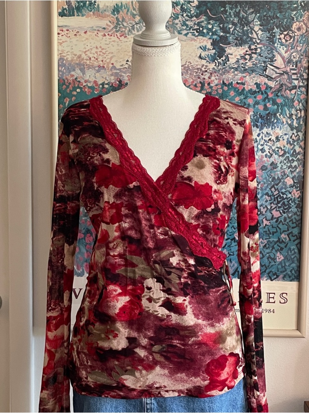 Vintage 90s INC Red Floral Lace Trim Wrap Long Sleeve Top Medium Whimsigoth